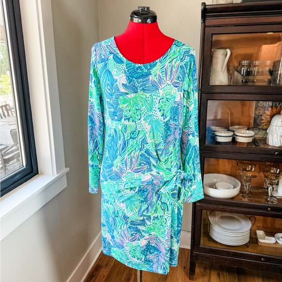 Lilly Pulitzer Blue Green Print Dress M | Long Sleeve Knit Tunic Style - Picture 1 of 6